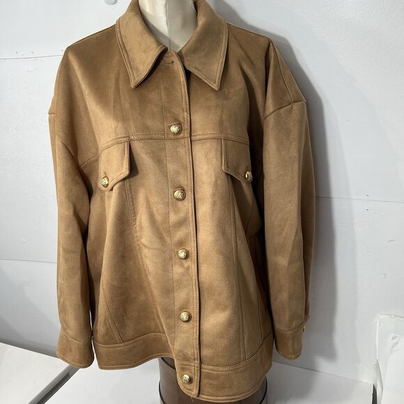 Mauve Vegan Suede Trucker Jacket Womens XL Honey Caramel Gold Buttons - Picture 3 of 16